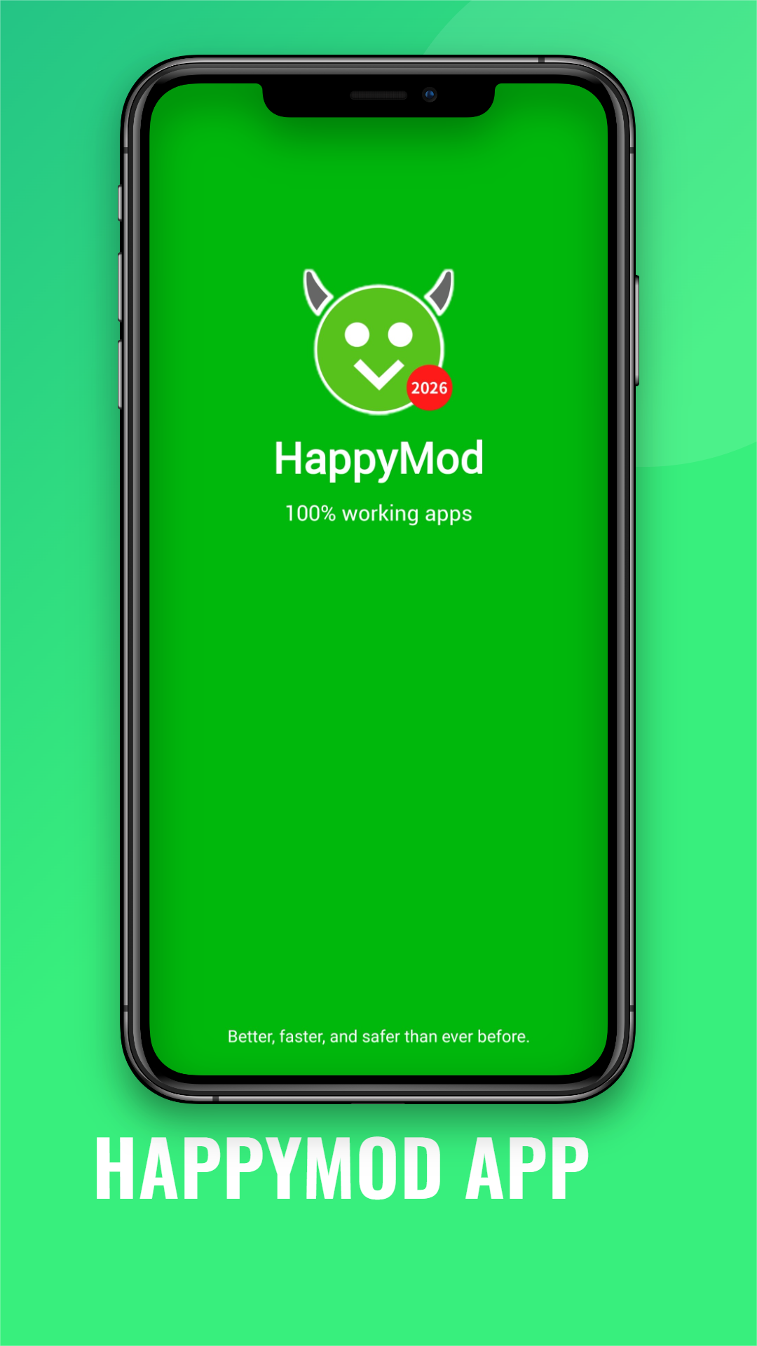 HappyMod app splash screen on a green background