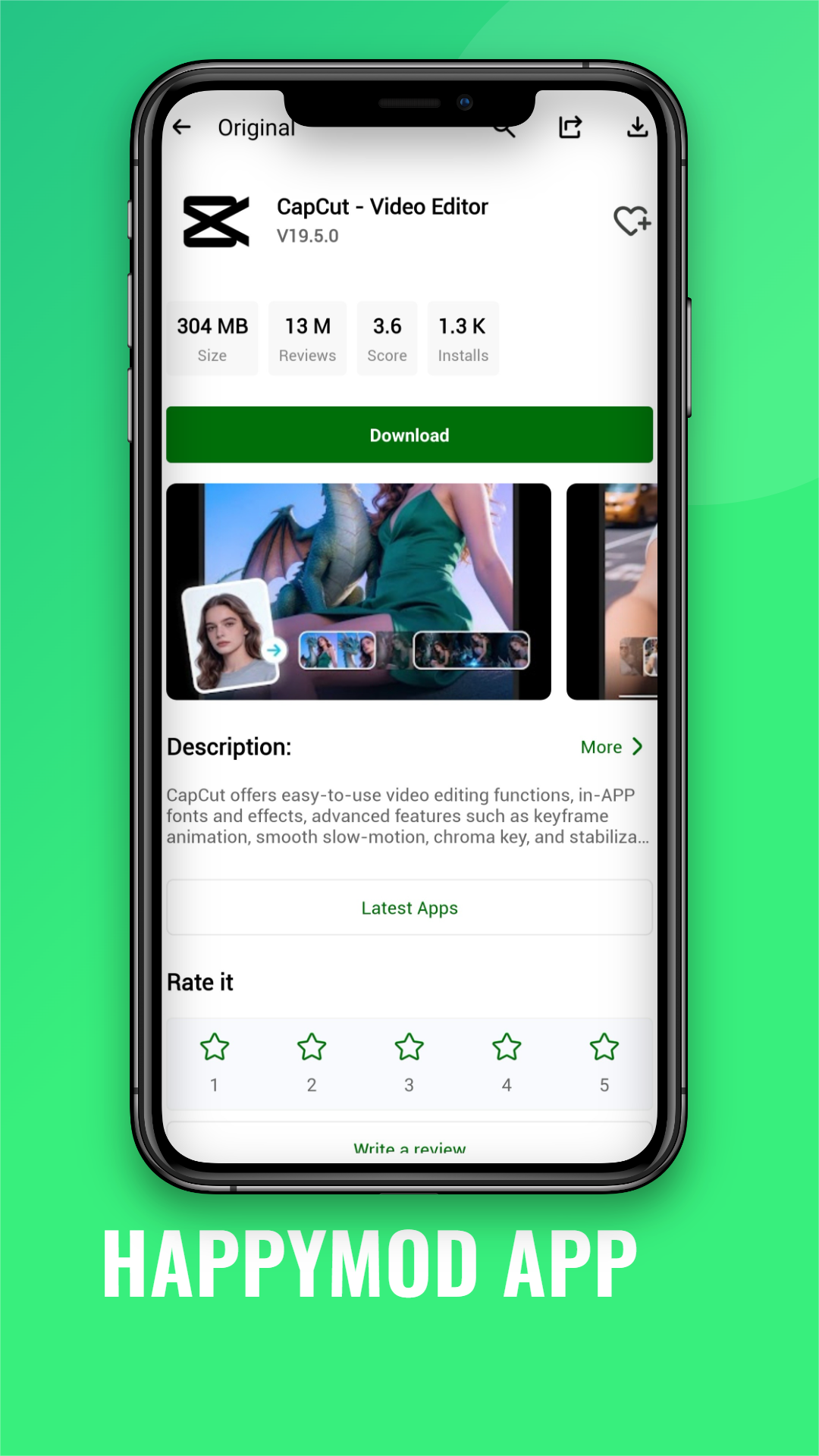 HappyMod original app download screen showing app details and a download button